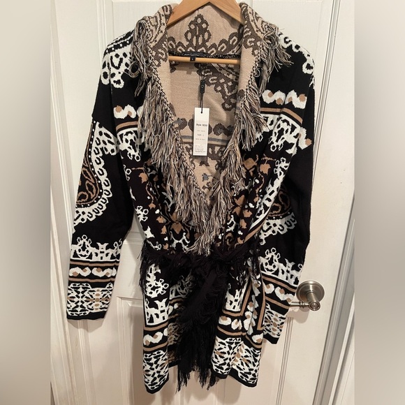 Flora and Ashley Made in Italy Black and White Patterned Cardigan with Fringe L - Picture 1 of 6